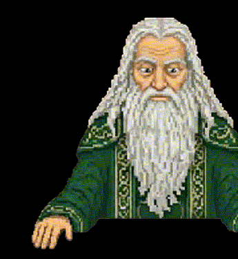 Pixel portrait of Xal, a white-bearded druid in green robes with gold trim